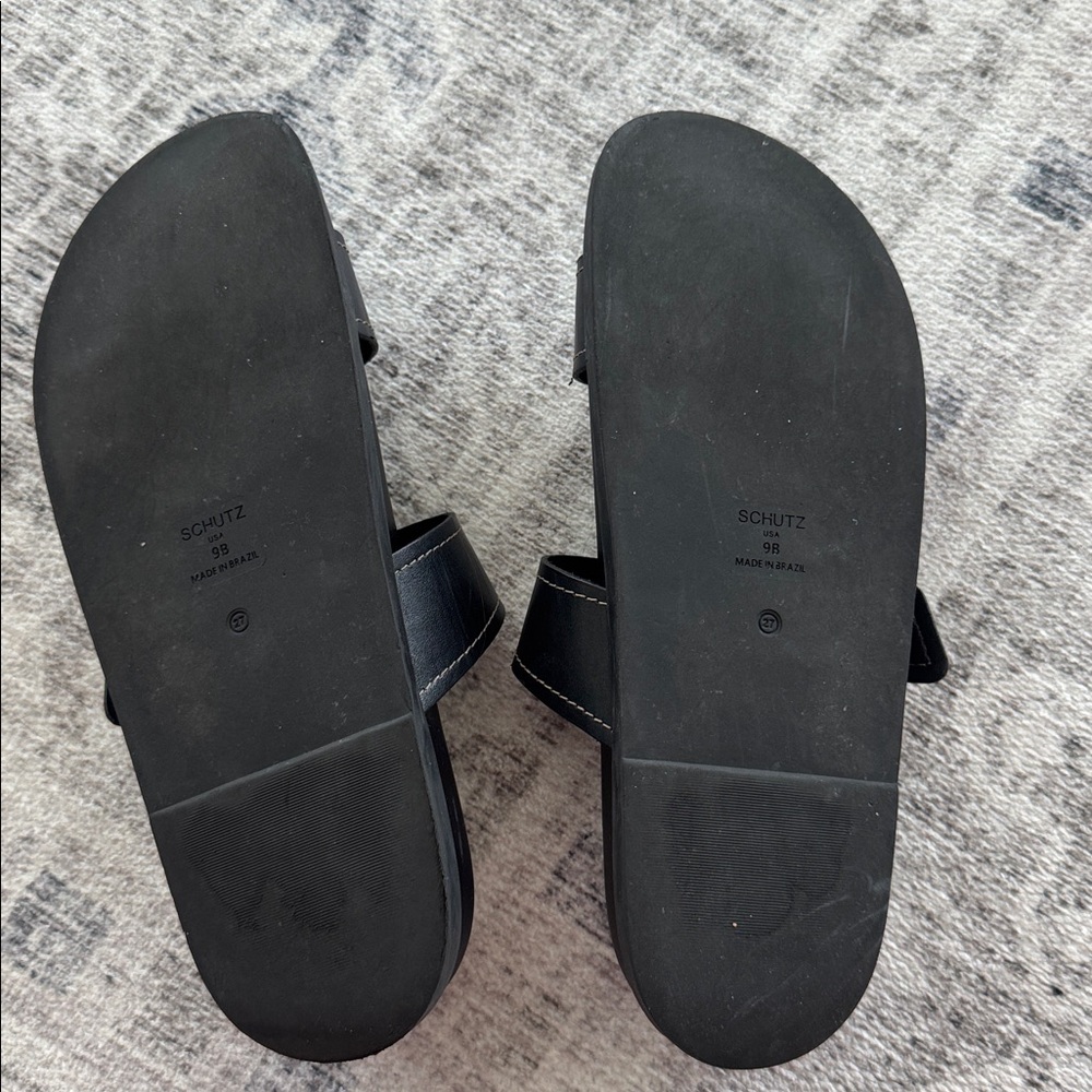 Schutz Black Sandals with Gold Buckles - Picture 5 of 7